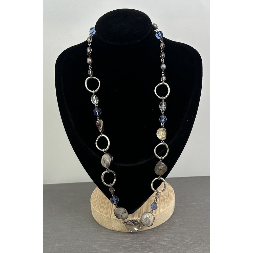 Lia Sophia Statement Necklace Womens Silver Tone Shell Blue Glass Beads‎ 22"
